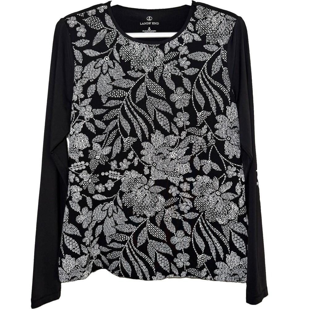 Lands’ End Women’s M Black White Floral Print Long Sleeve Stretch Knit Top